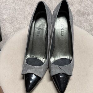 Vaneli Gray Suede Pumps with Black Patent Toe